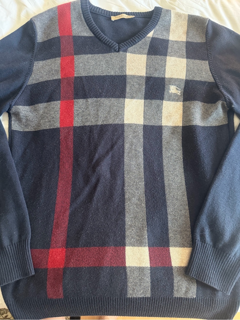 Burberry Navy Plaid V-Neck Sweater with Red and Cream Stripes